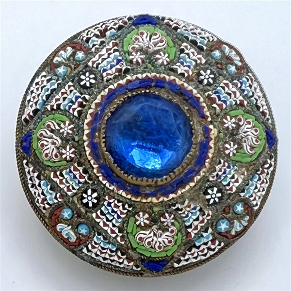RARE large size of Italian micro mosaic button with blue jewel center.