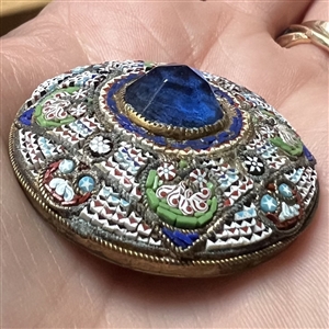 RARE large size of Italian micro mosaic button with blue jewel center.