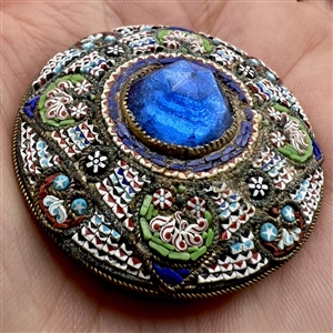 RARE large size of Italian micro mosaic button with blue jewel center.