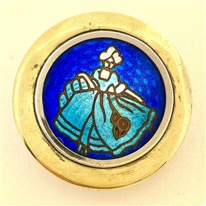 Champlevé enamel button of woman in 18th c. apparel.