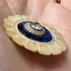 A RARE 18th c. carved mother of pearl button with cobalt glass.