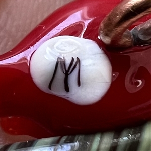 Mary Gaumond’s red bird glass studio button.