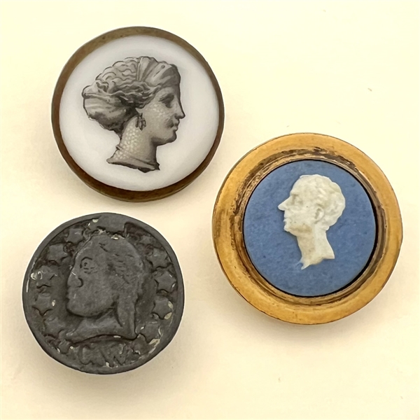 Three assorted buttons of heads including an 18th c. Wedgwood.