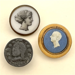 Three assorted buttons of heads including an 18th c. Wedgwood.