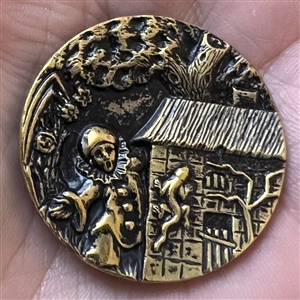 SCARCE - Brass button of clown watching a lizard on side of a house.