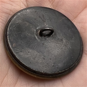 SCARCE - Brass button of clown watching a lizard on side of a house.
