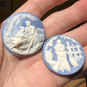 Two Jasperware studio buttons by Shirley Shaw.