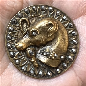 SCARCE - “Whippet Head” brass button of dog with riding crop.