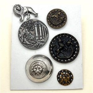 Six assorted metal buttons of lions.