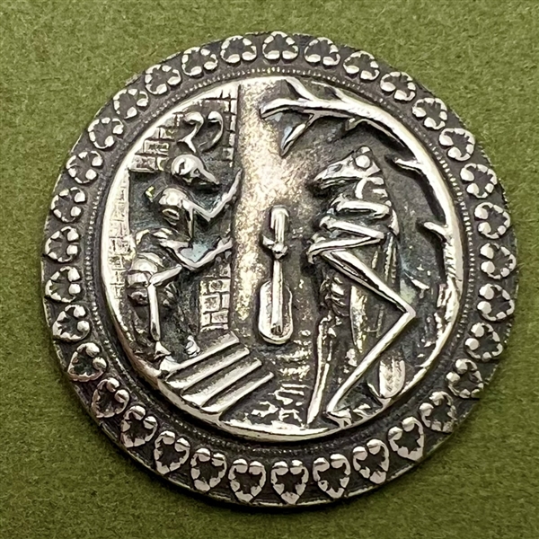 “The Ant and the Grasshopper” white metal button.