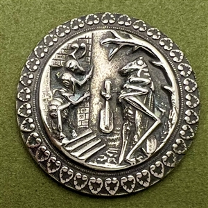 “The Ant and the Grasshopper” white metal button.