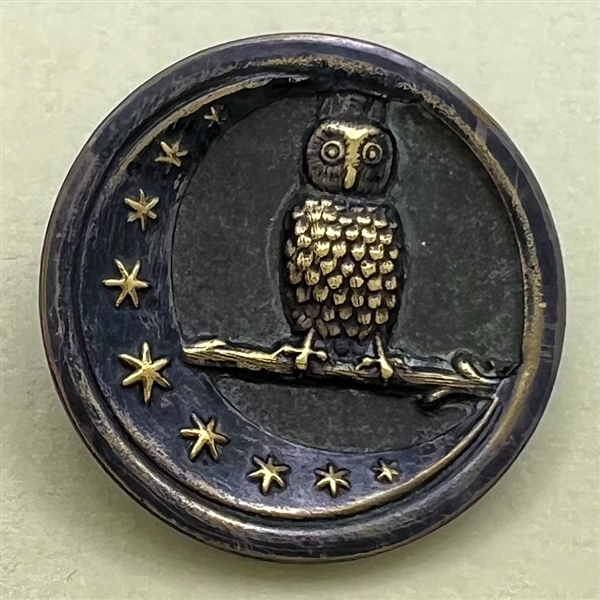 “Owl on a Branch” with crescent moon and stars button.