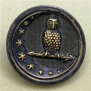 “Owl on a Branch” with crescent moon and stars button.