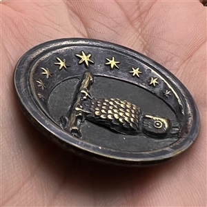 “Owl on a Branch” with crescent moon and stars button.