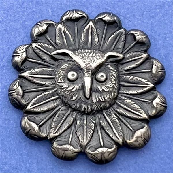 Silvered brass button of an owl face in a daisy.