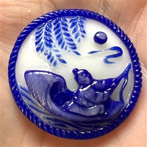 Large Chinese Peking glass button of man fishing in a boat.