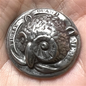 French pewter button of an owl with verbal.