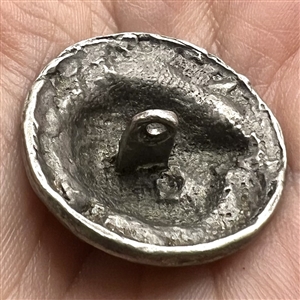 French pewter button of an owl with verbal.