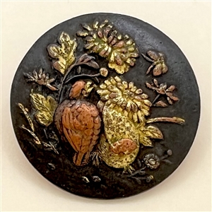 Japanese Shakudo button of bird and butterfly among flowers.