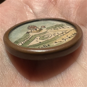 Hot air balloon with verbal - ink and paint on paper under glass button.