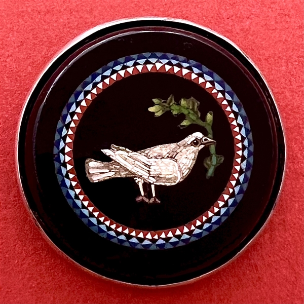 Italian micro mosaic button of a dove with an olive branch.