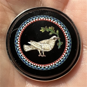 Italian micro mosaic button of a dove with an olive branch.