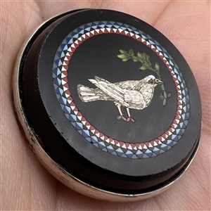 Italian micro mosaic button of a dove with an olive branch.