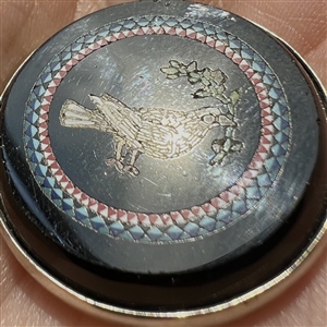 Italian micro mosaic button of a dove with an olive branch.