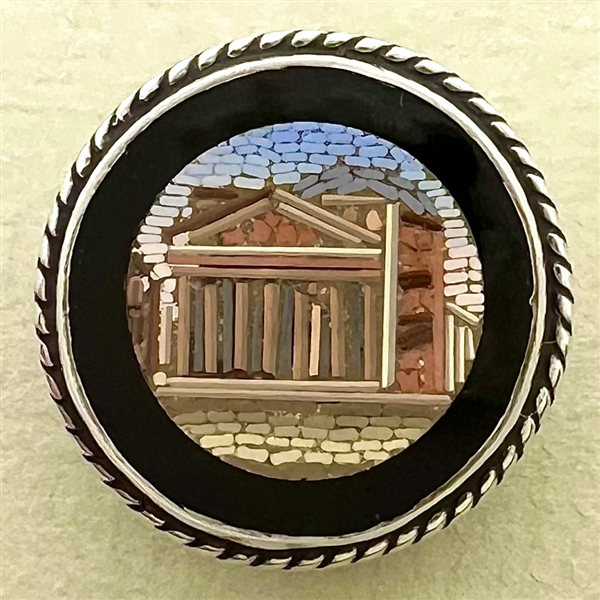 Italian micro mosaic button of a Greek temple.