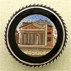 Italian micro mosaic button of a Greek temple.