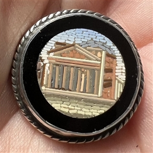 Italian micro mosaic button of a Greek temple.