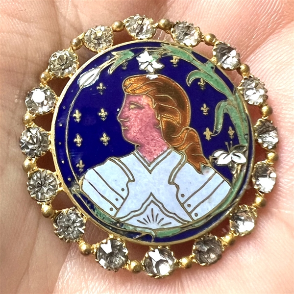 RARE 19th c. Joan of Arc enamel button with pastes.