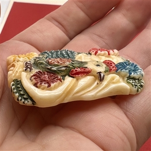 Colorful chicken and flowers natural material button.