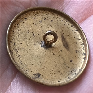 Large ivoroid “tight top” button of a man pushing a woman on a swing.