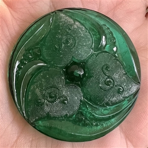 Bohemian green glass button of three leaves.