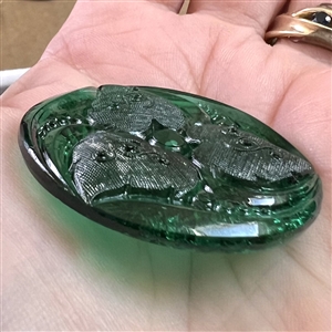 Bohemian green glass button of three leaves.