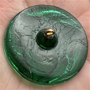 Bohemian green glass button of three leaves.