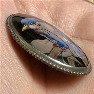 Reverse painted blue bird button