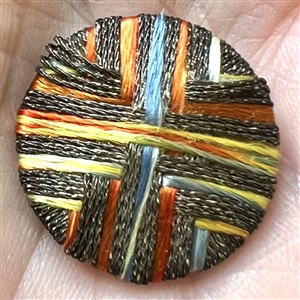 Colorful Death’s head fabric and bullion threads button.