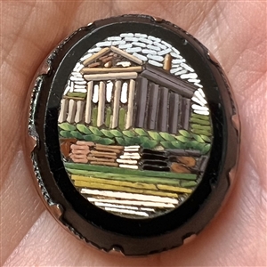 Italian micro mosaic oval button of a Greek temple.
