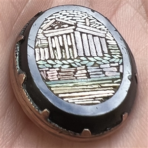 Italian micro mosaic oval button of a Greek temple.