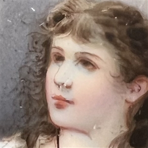 Extra large religious button of girl with cross necklace.