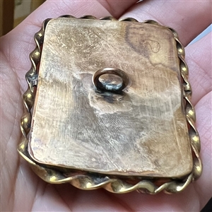 Extra large religious button of girl with cross necklace.