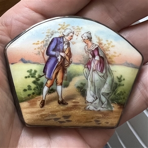 Extra large unusual shaped porcelain button of a courting couple.