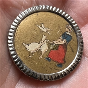 Painting on paper (?) under celluloid shield of a woman and geese.