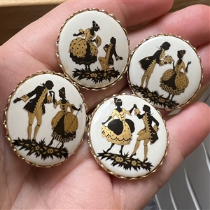 Set of four porcelain buttons depicting French Fops.