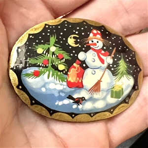 Russian lacquer button of snowman in winter night  scene.
