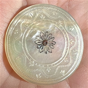 Early 19th c. Incised pearl button with brass center.