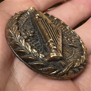 Metalized plastic Diamond D button of harp and music notes.