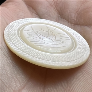 Incised pearl button of a bird flying over water.